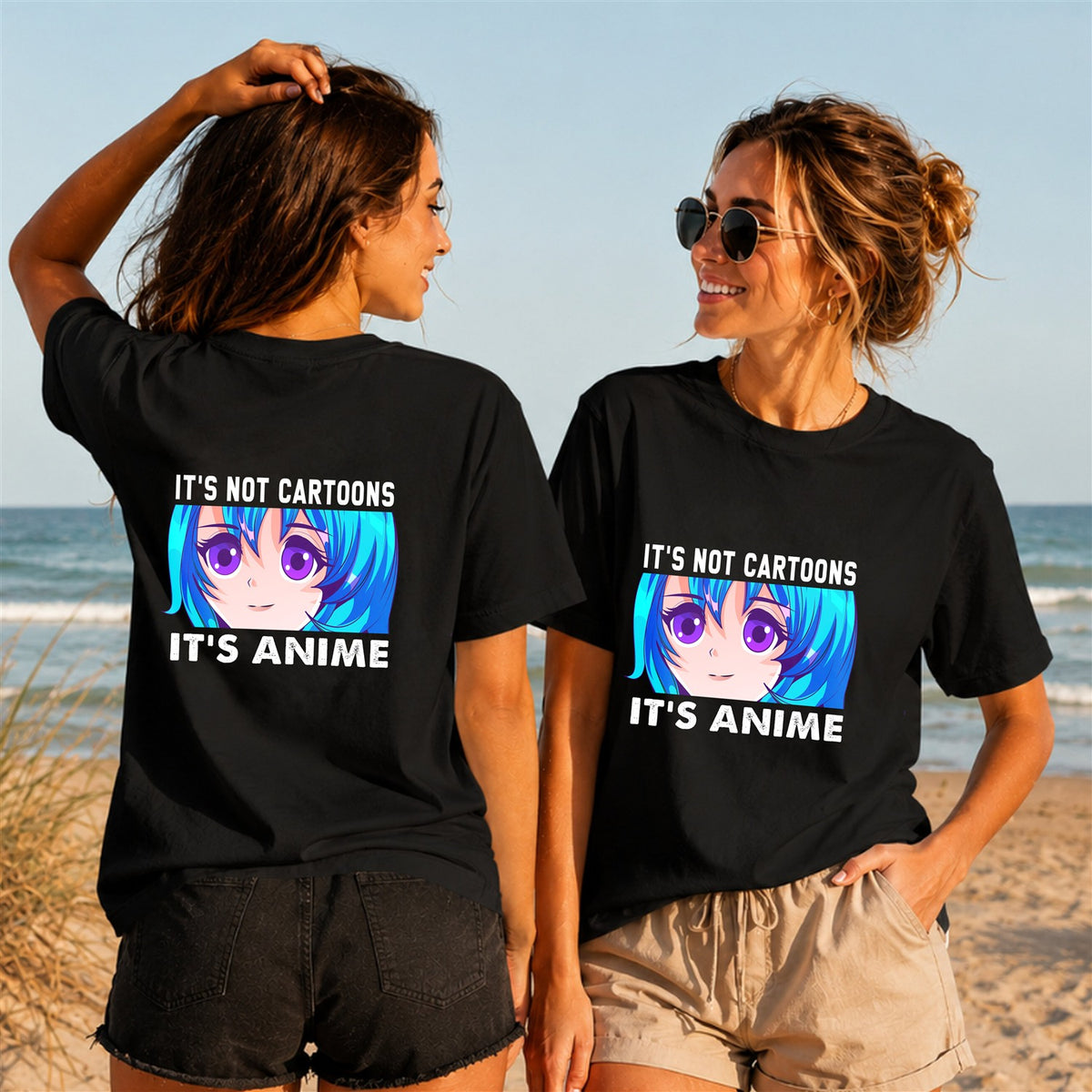 Blue Haired Anime Girl Portrait - Women's T-Shirt in black, showing front and back print placement choices