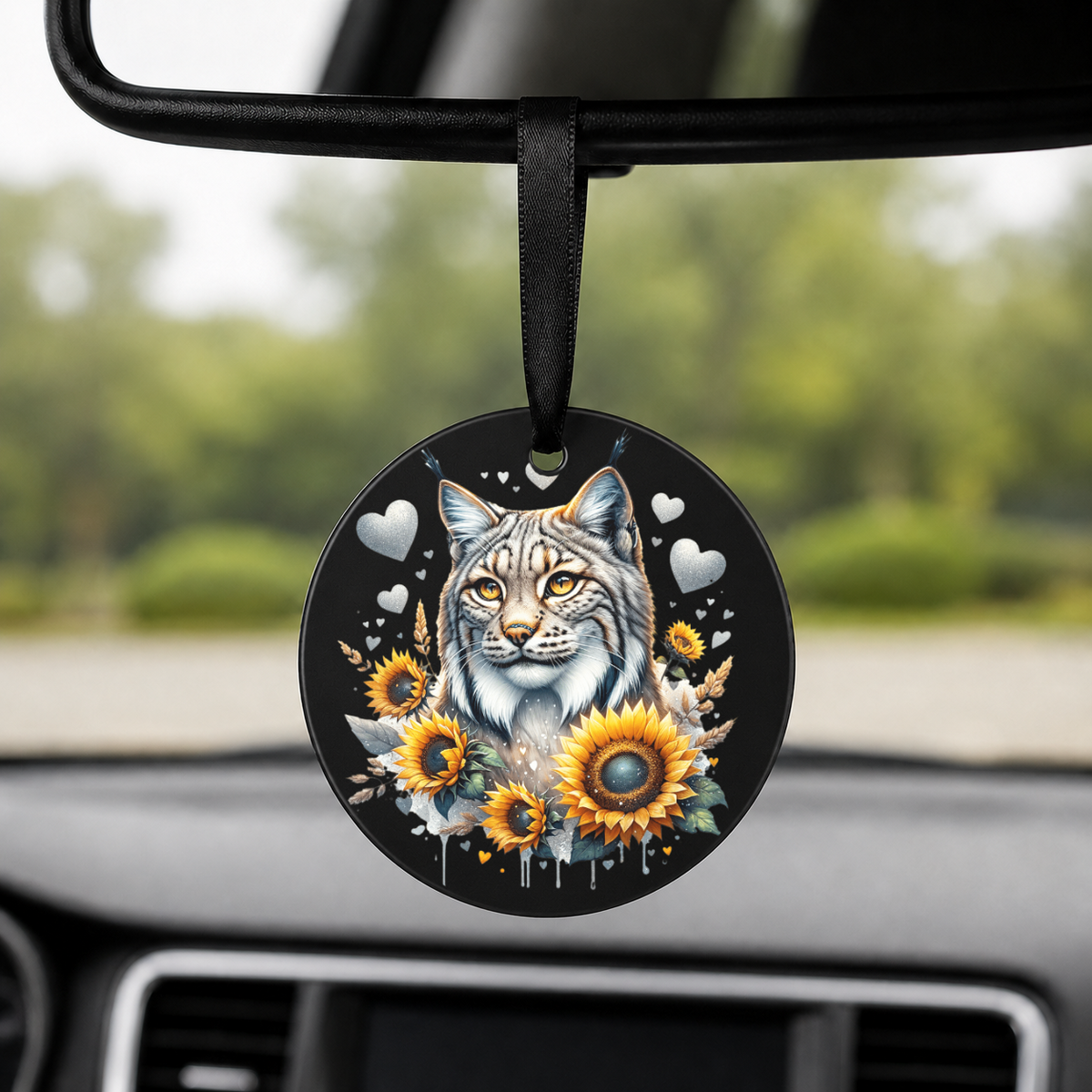 Bobcat With Sunflowers - Round Car Charm in black