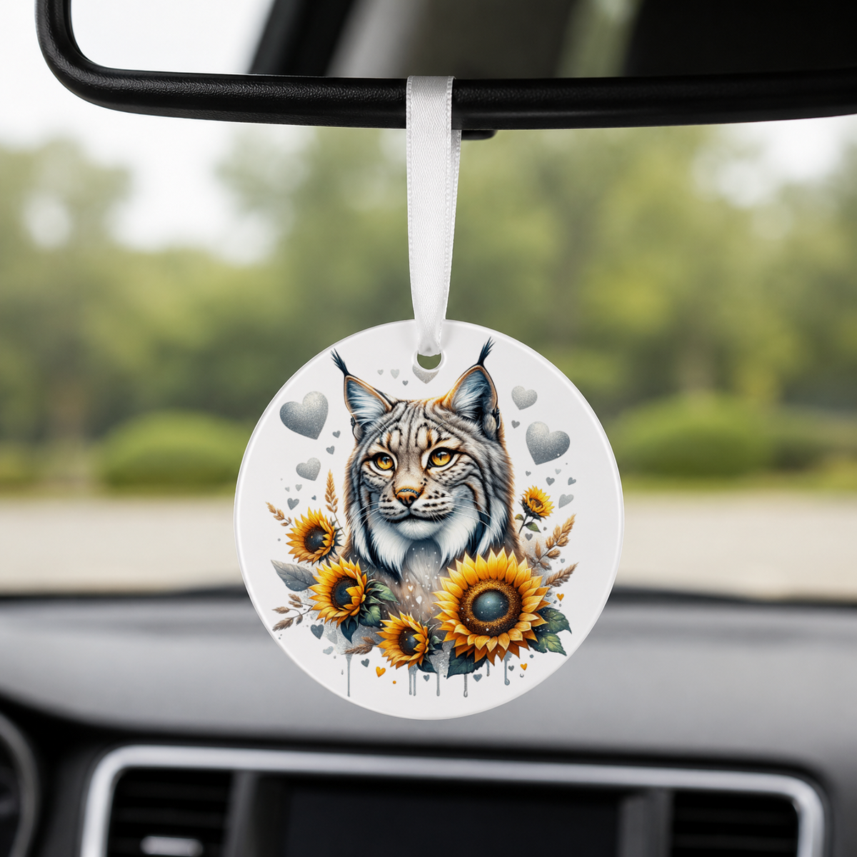 Bobcat With Sunflowers - Round Car Charm in white