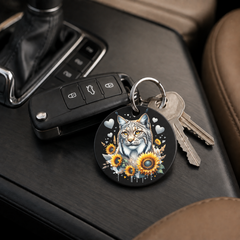 Bobcat With Sunflowers - Keychain in black