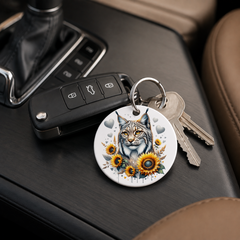 Bobcat With Sunflowers - Keychain in white