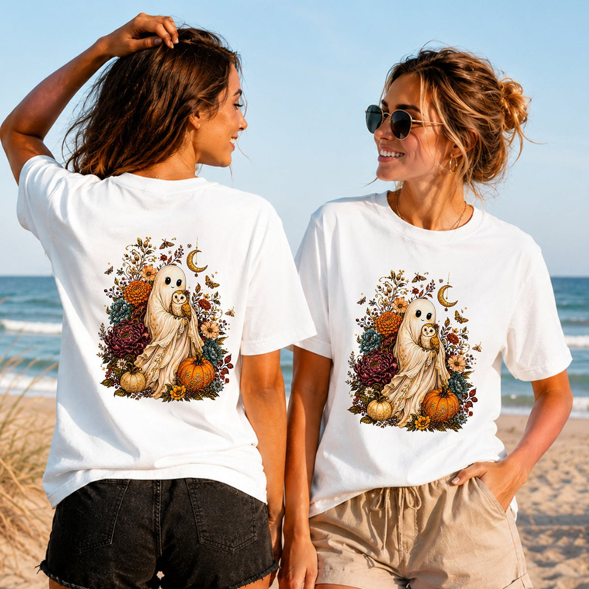 Boho Ghost and Owl - Women's T-Shirt in white, showing alternative back and front print placements on the beach