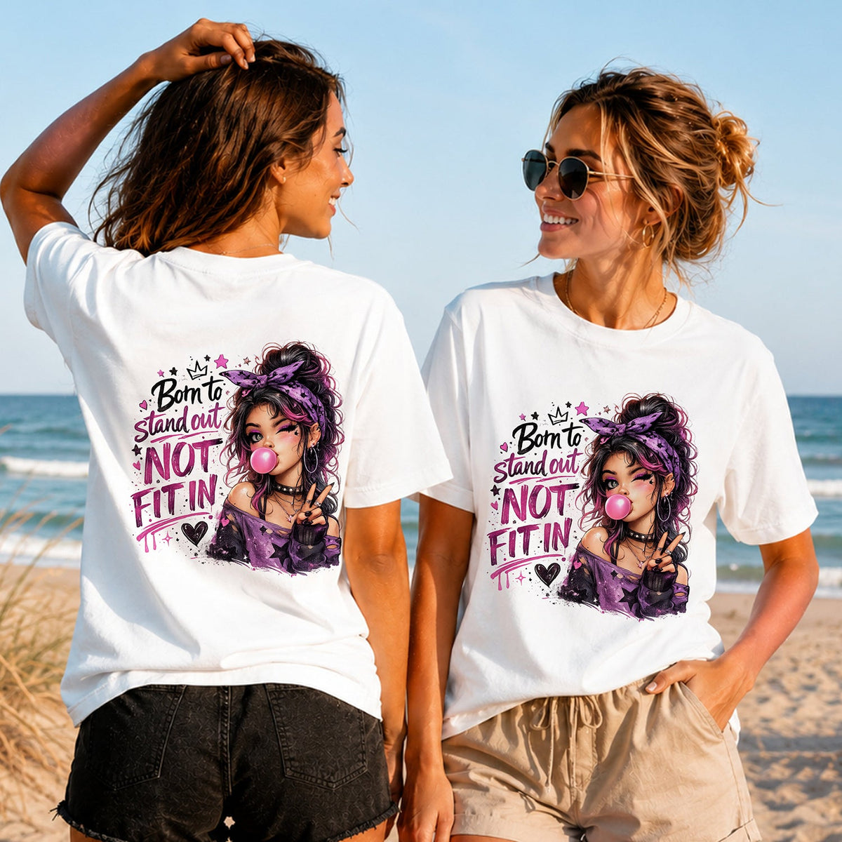 Born to Stand Out - Women's T-Shirt in white, showing alternative back and front print placements on the beach