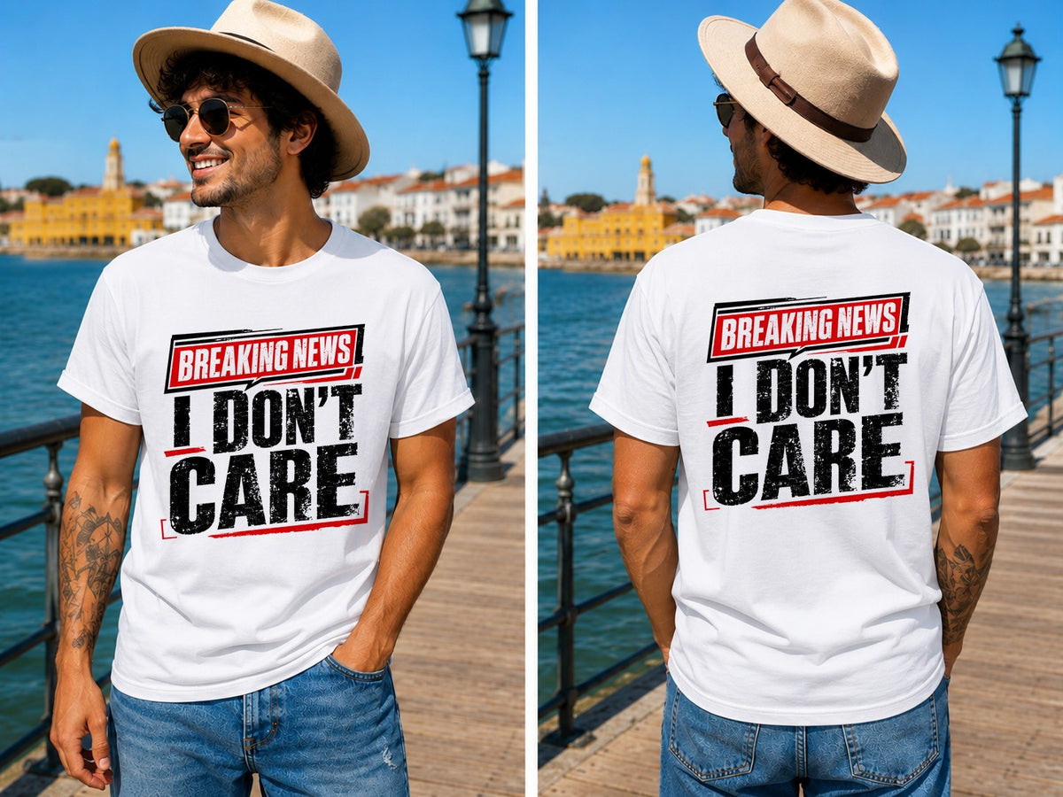 Breaking News I Dont Care Quote 2 - Men's T-Shirt in white, showing front and back print placement choices