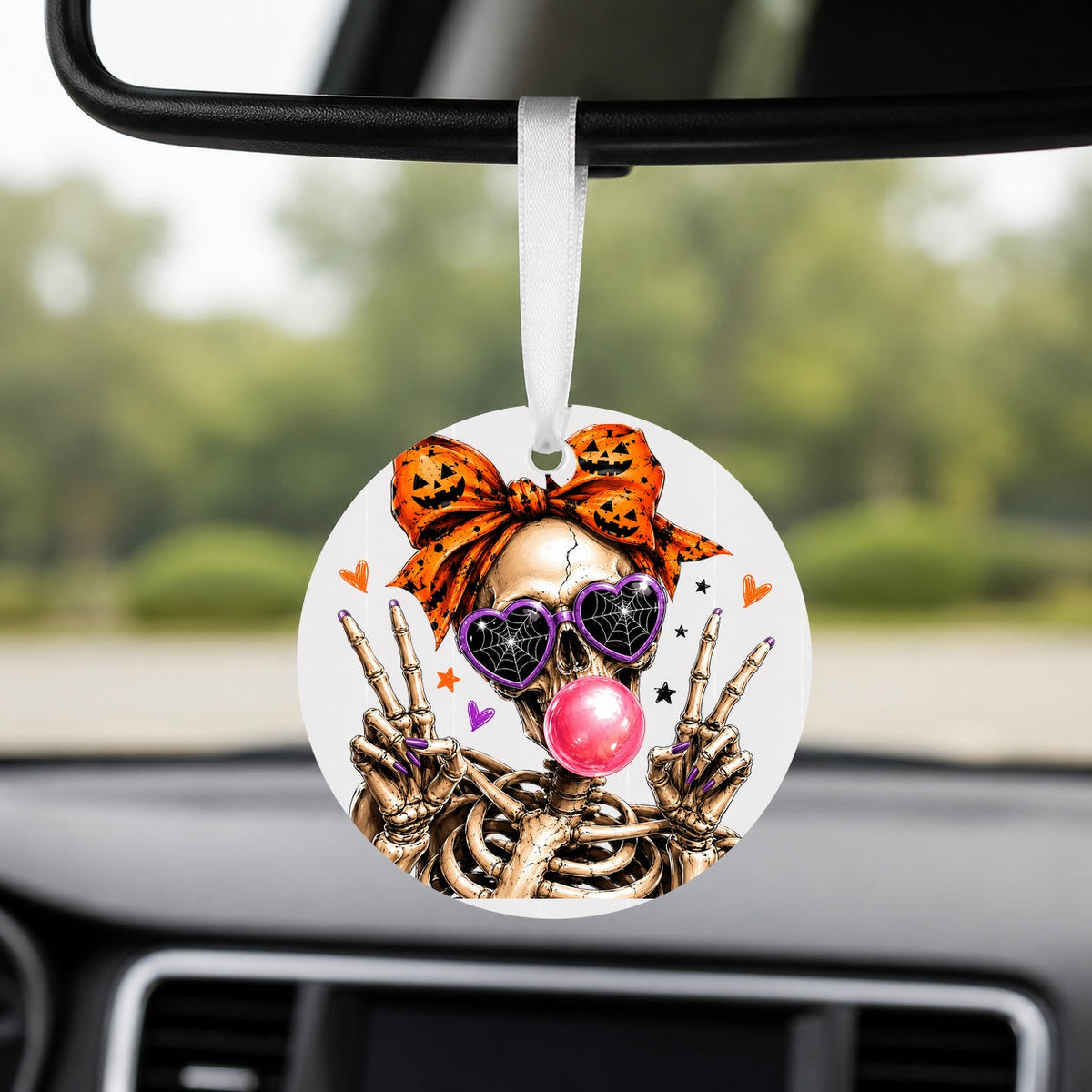 Bubblegum Skeleton - Round Car Charm in white