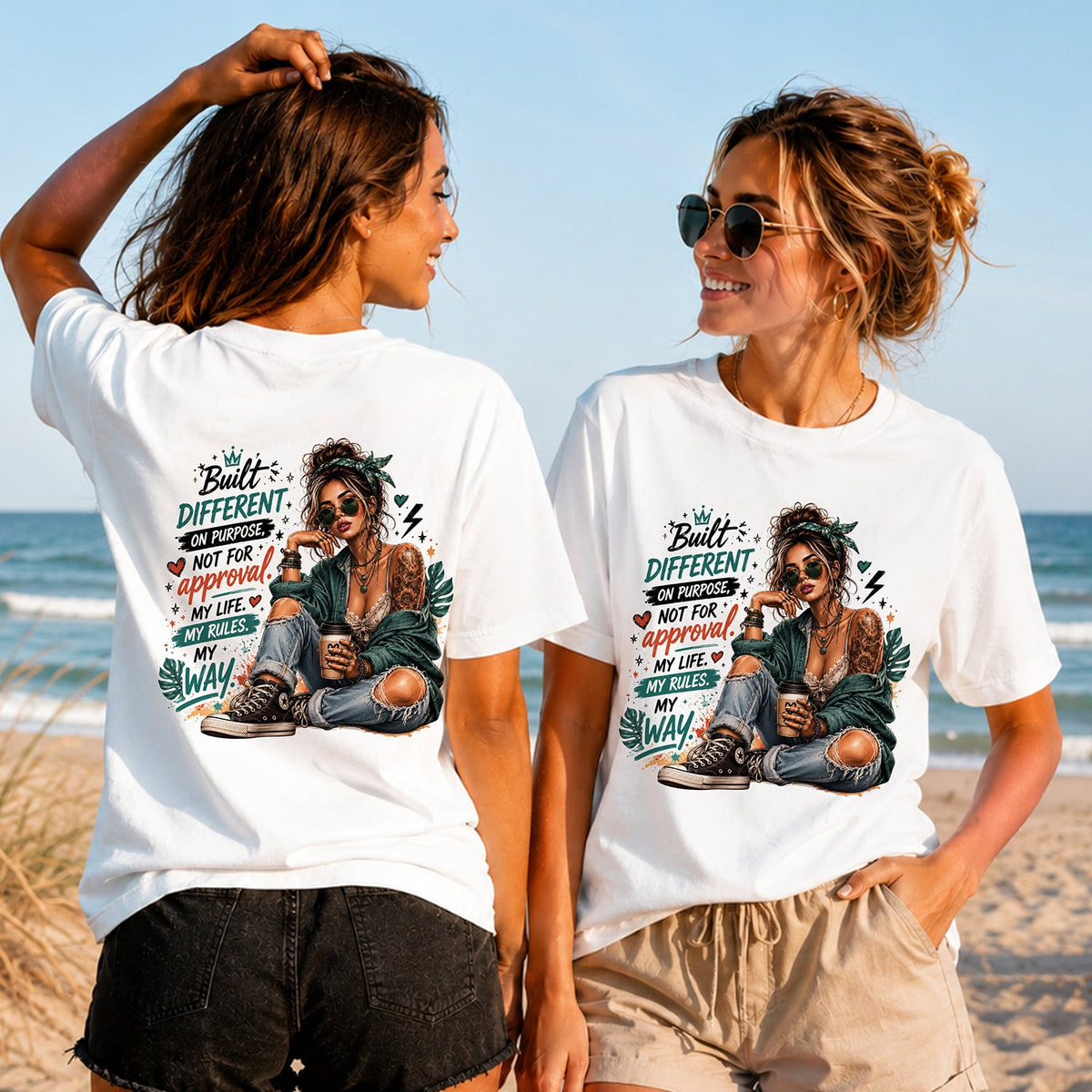 Built Different - Women's T-Shirt in white, showing alternative back and front print placements on the beach