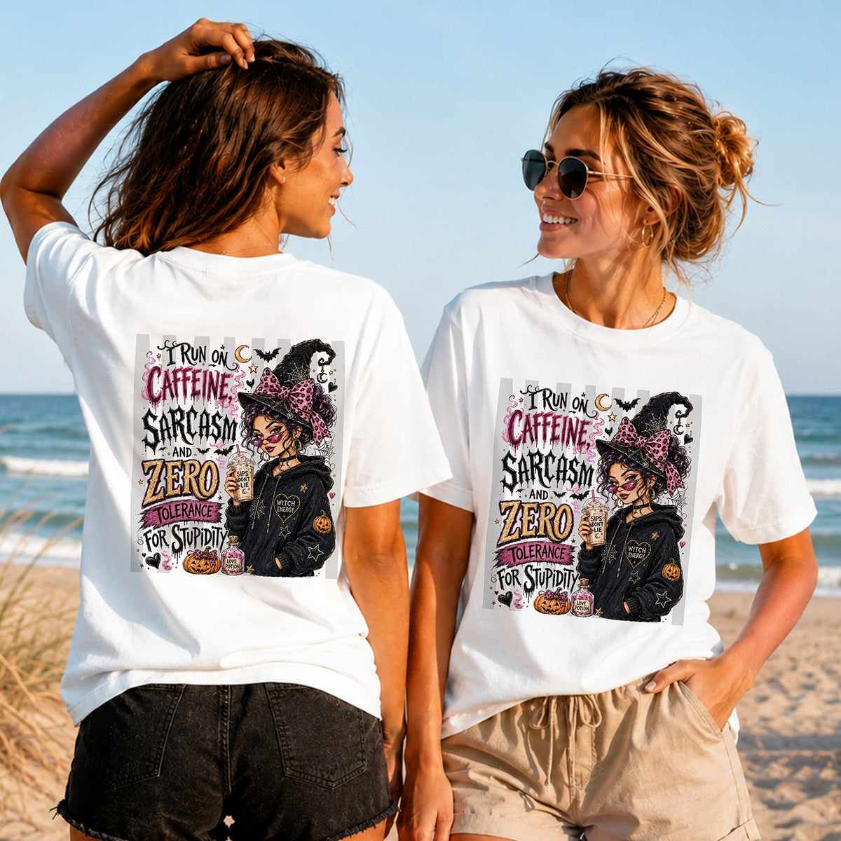 Caffeine Sarcasm Zero Tolerance - Women's T-Shirt in white, showing alternative back and front print placements on the beach
