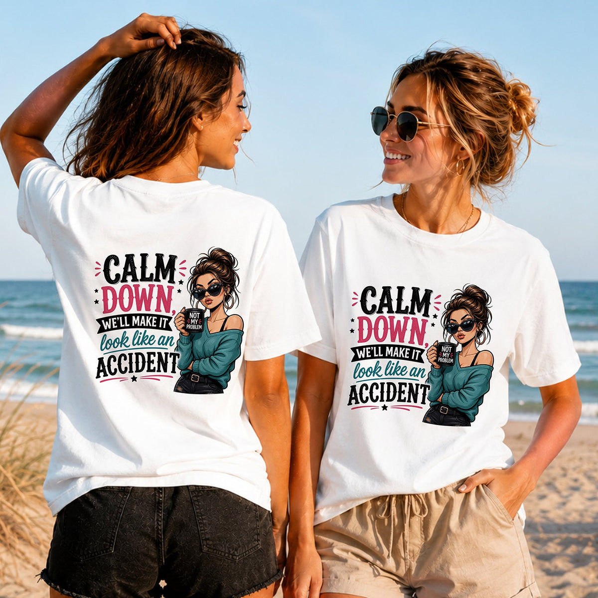 Calm Down - Coffee Accident - Women's T-Shirt in white, showing alternative back and front print placements on the beach