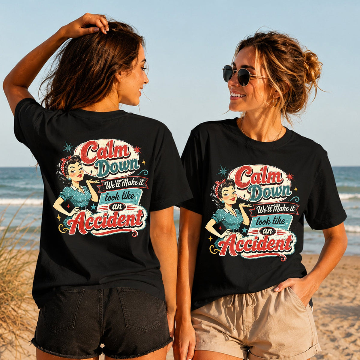Calm Down - Retro Accident - Women's T-Shirt in black, showing alternative back and front print placements on the beach