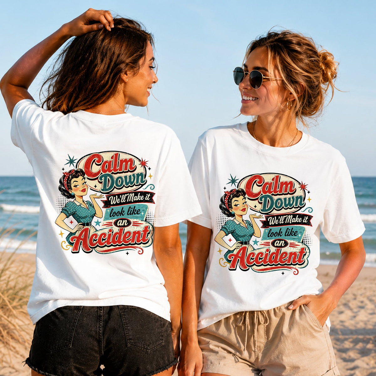 Calm Down - Retro Accident - Women's T-Shirt in white, showing alternative back and front print placements on the beach