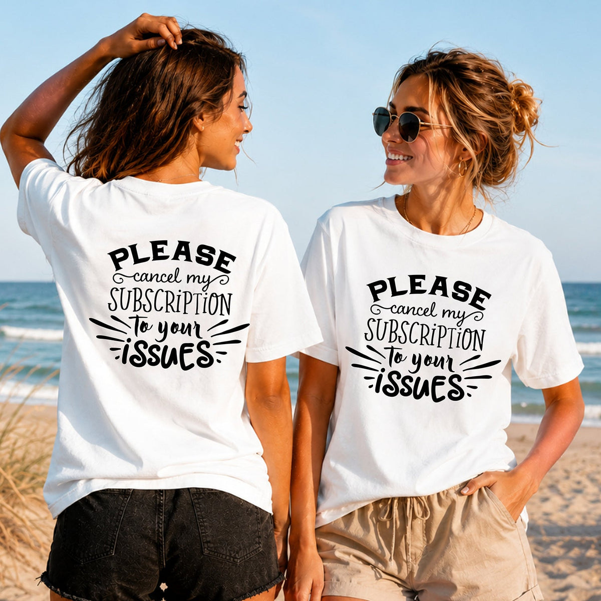 Cancel My Subscription - Women's T-Shirt in white, showing alternative back and front print placements on the beach