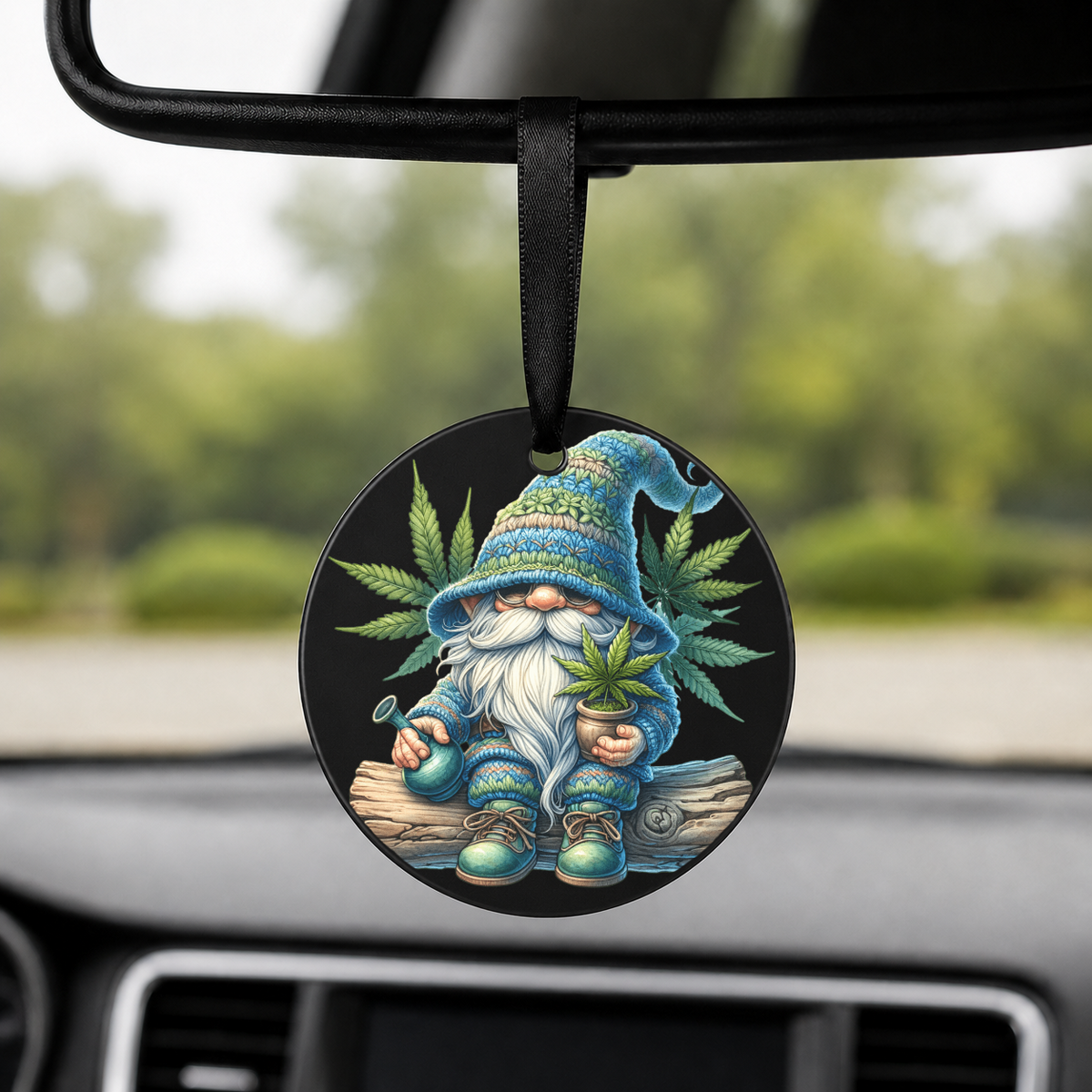 Cannabis Garden Gnome - Blue Hat Mushroom - Round Car Charm in black