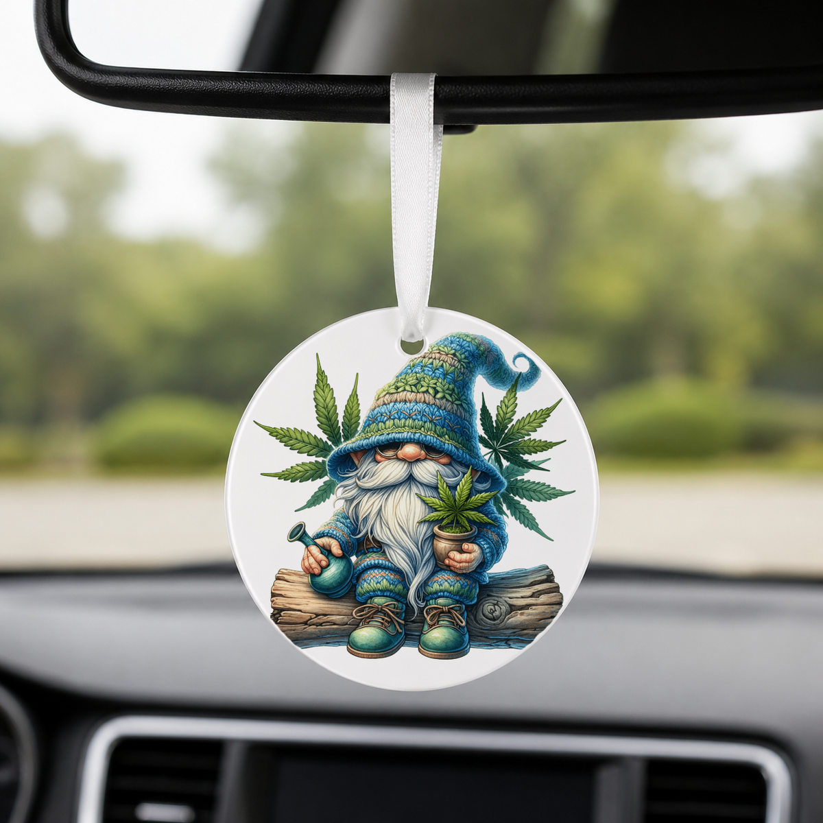 Cannabis Garden Gnome - Blue Hat Mushroom - Round Car Charm in white