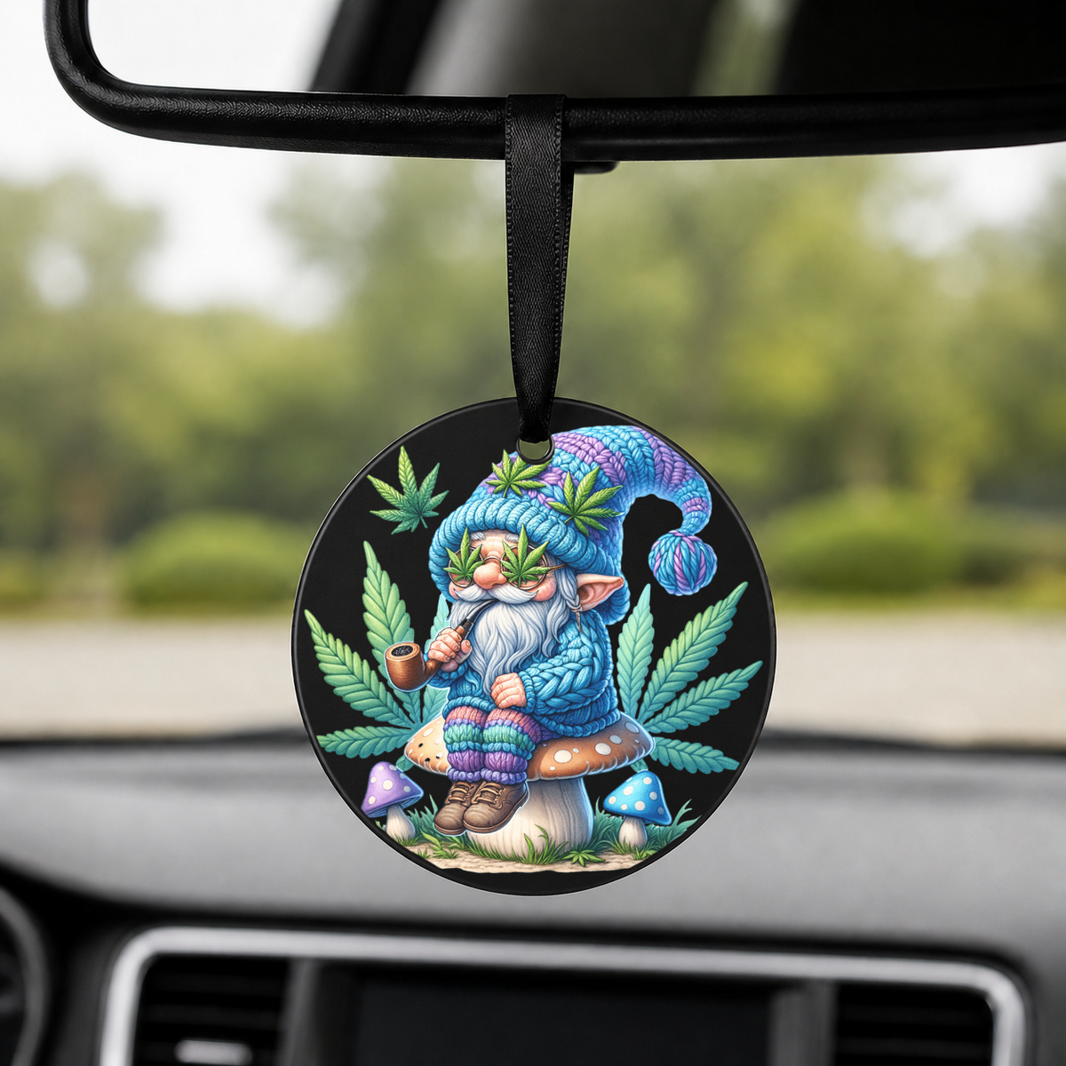 Cannabis Garden Gnome - Blue Hat Pipe - Round Car Charm in black