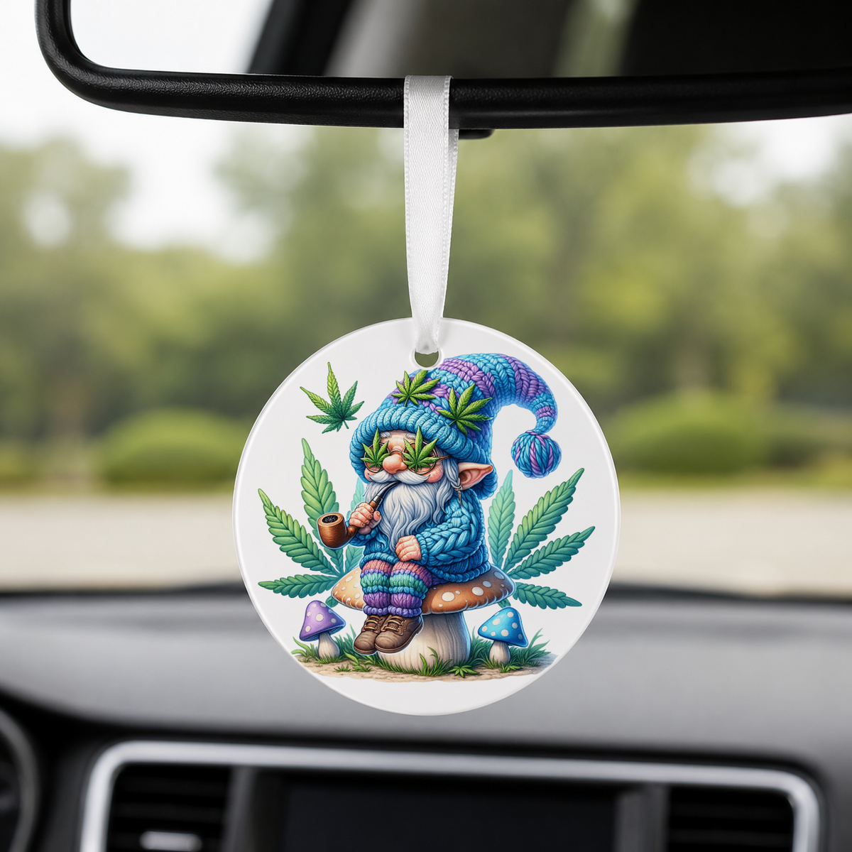 Cannabis Garden Gnome - Blue Hat Pipe - Round Car Charm in white
