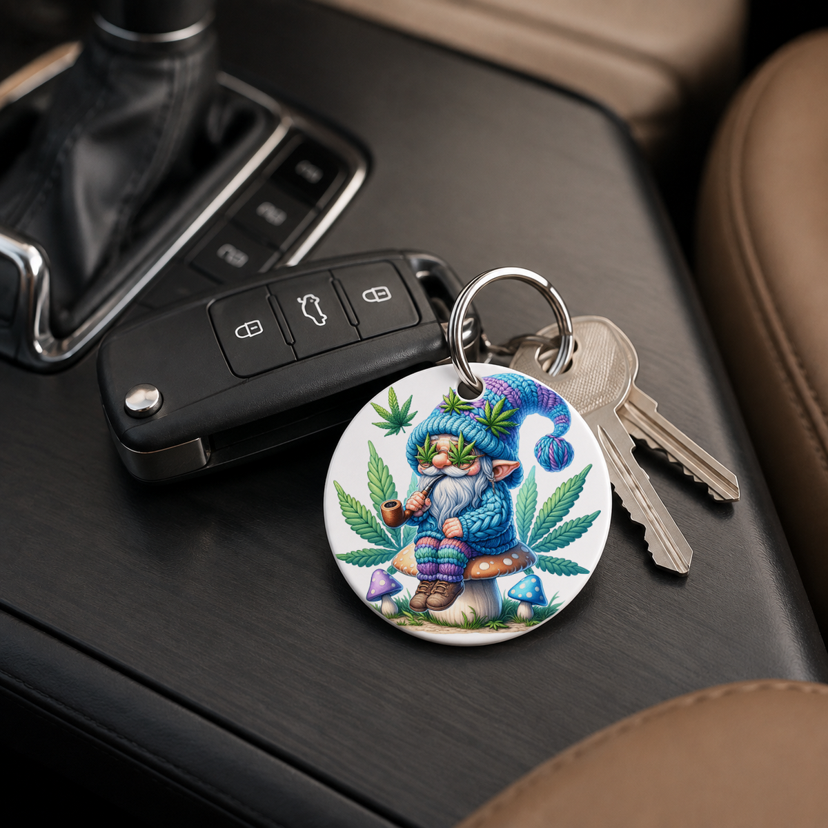 Cannabis Garden Gnome - Blue Hat Pipe - Keychain in white