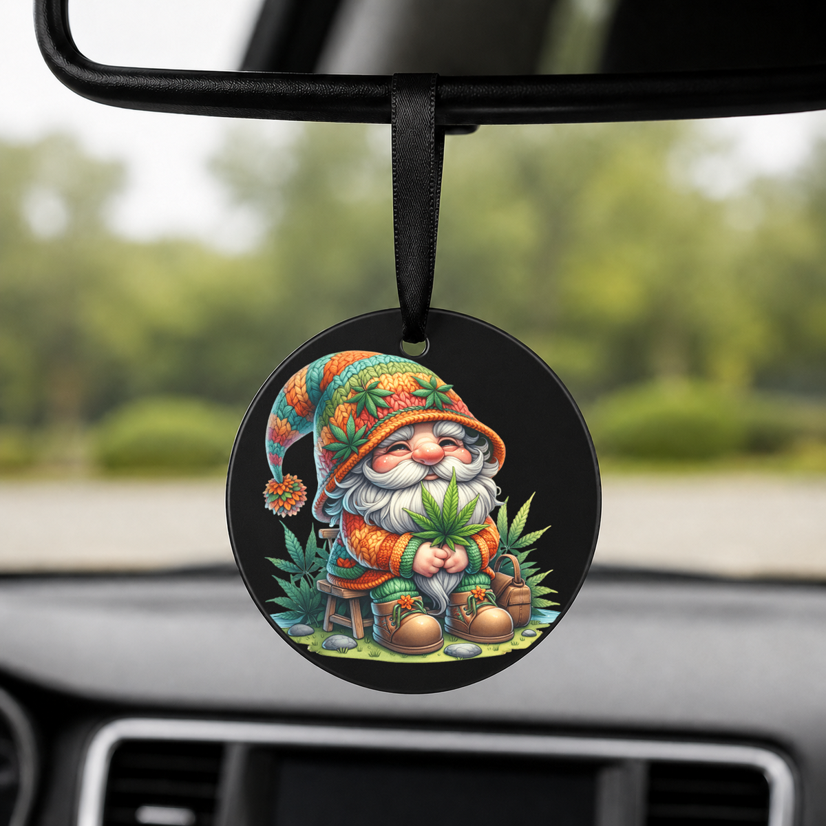 Cannabis Garden Gnome - Blue Hat Pot - Round Car Charm in black