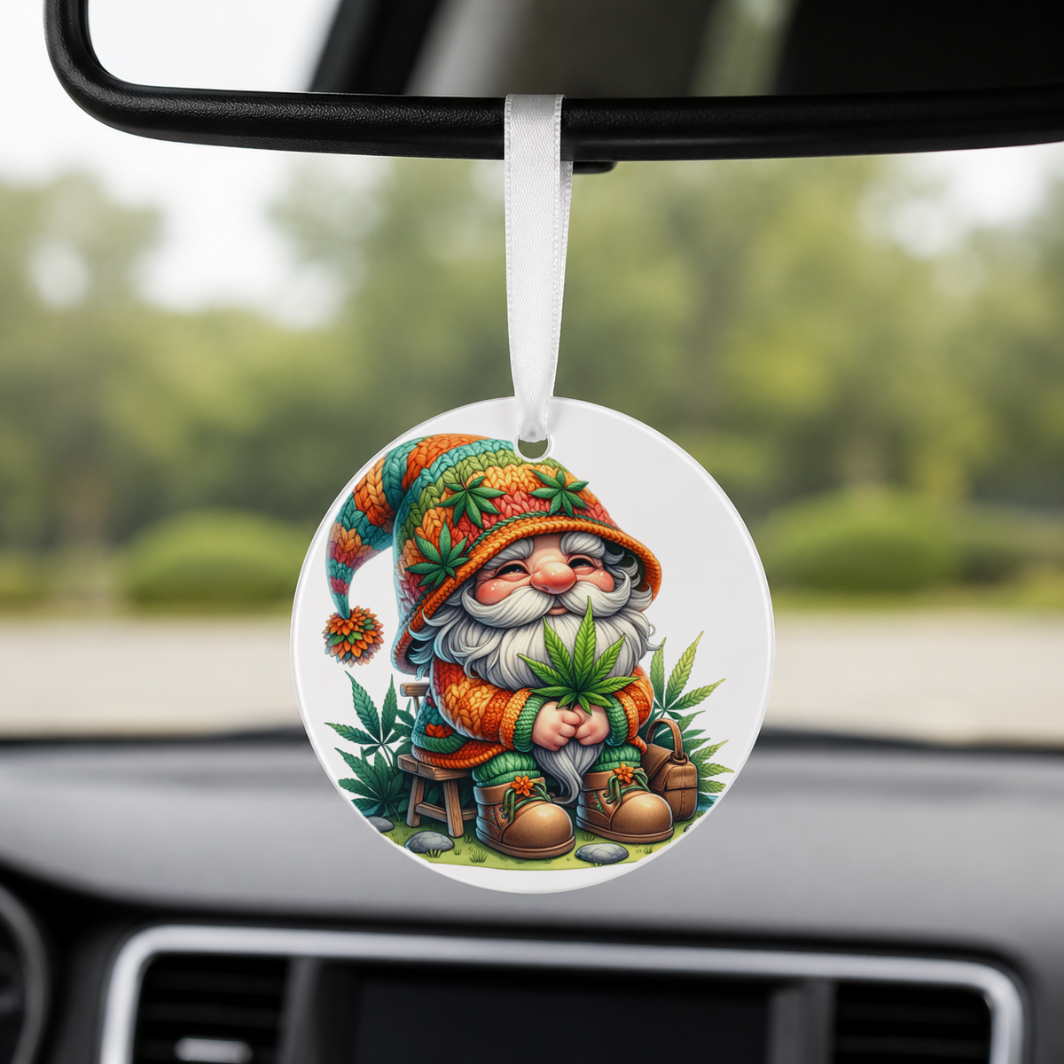Cannabis Garden Gnome - Blue Hat Pot - Round Car Charm in white
