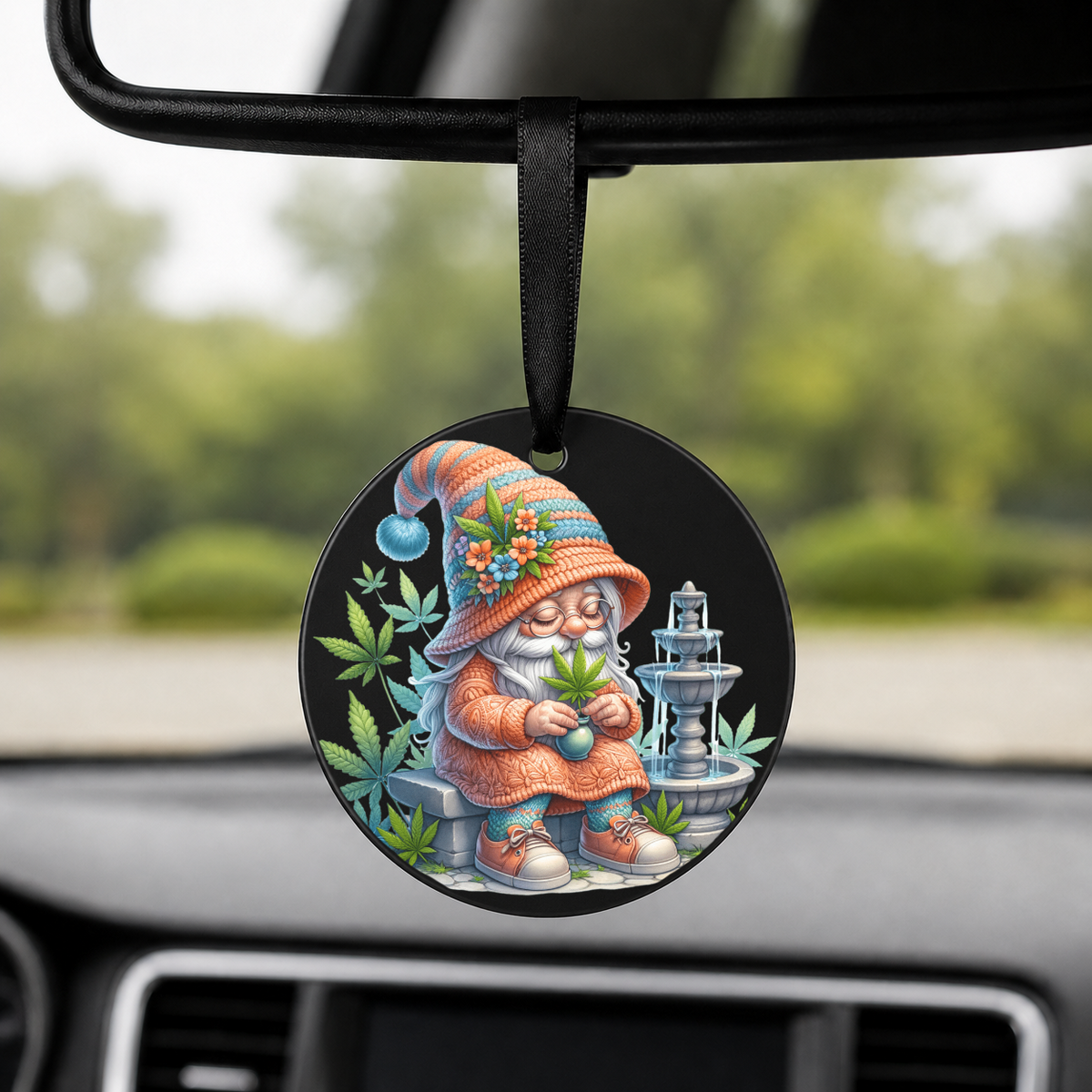 Cannabis Garden Gnome - Flower Hat Fountain - Round Car Charm in black