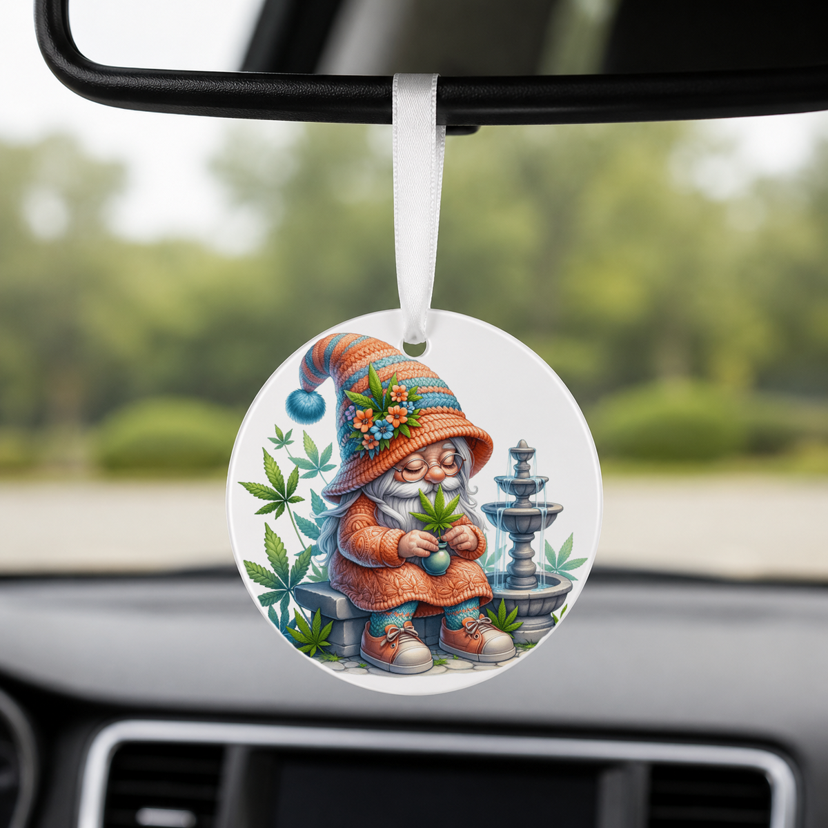 Cannabis Garden Gnome - Flower Hat Fountain - Round Car Charm in white