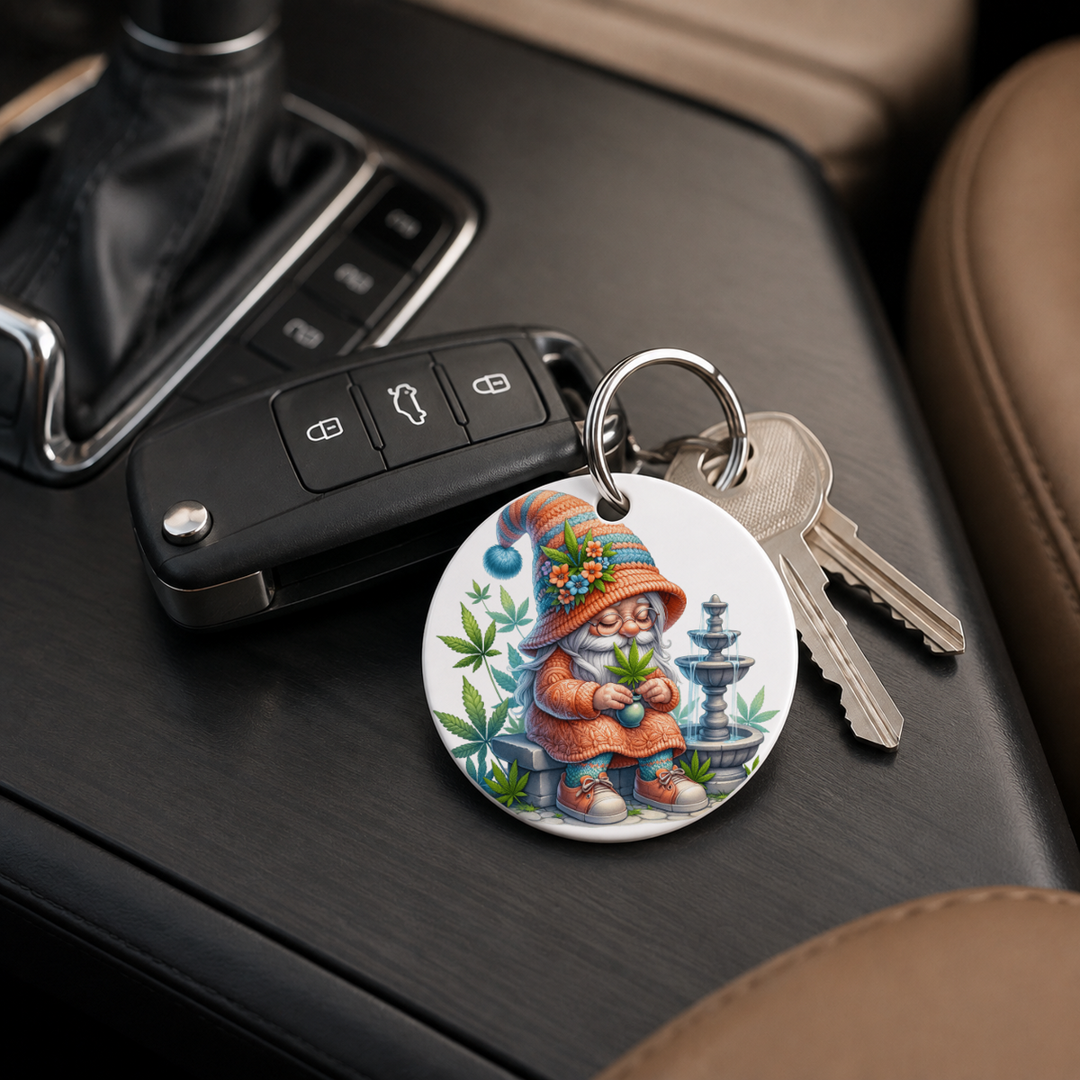 Cannabis Garden Gnome - Flower Hat Fountain - Keychain in white