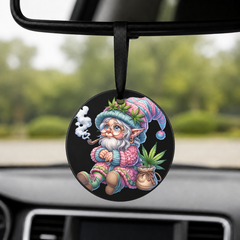 Cannabis Garden Gnome - Grandma Smoking Pipe - Round Car Charm in black