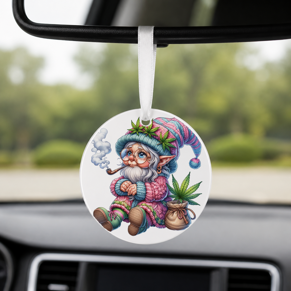 Cannabis Garden Gnome - Grandma Smoking Pipe - Round Car Charm in white