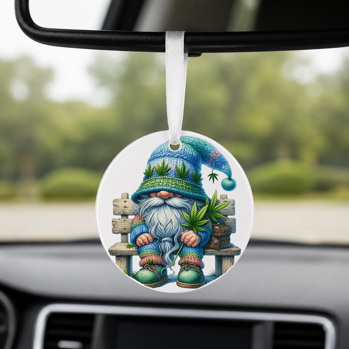 Cannabis Garden Gnome - Green Hat Bench - Round Car Charm in white
