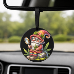 Cannabis Garden Gnome - Magnifying Glass - Round Car Charm in black