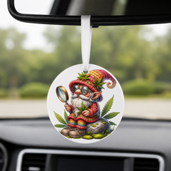 Cannabis Garden Gnome - Magnifying Glass - Round Car Charm in white
