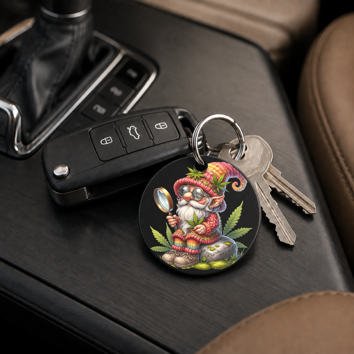 Cannabis Garden Gnome - Magnifying Glass - Keychain in black