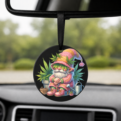 Cannabis Garden Gnome - Orange Hat Watering Can - Round Car Charm in black