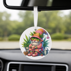 Cannabis Garden Gnome - Orange Hat Watering Can - Round Car Charm in white