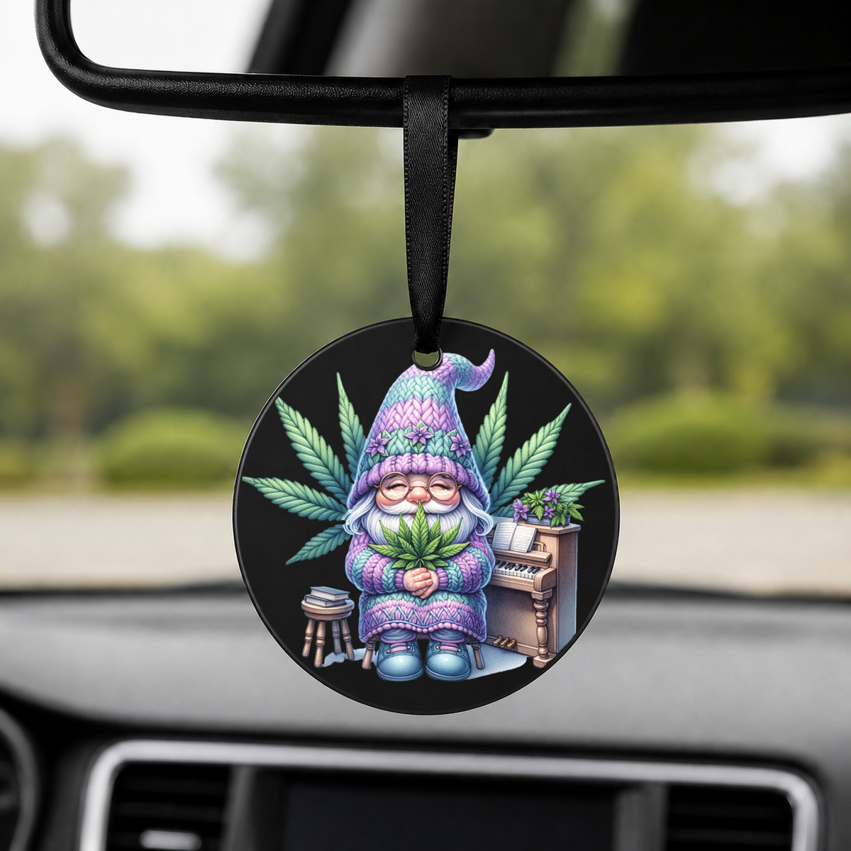 Cannabis Garden Gnome - Piano - Round Car Charm in black