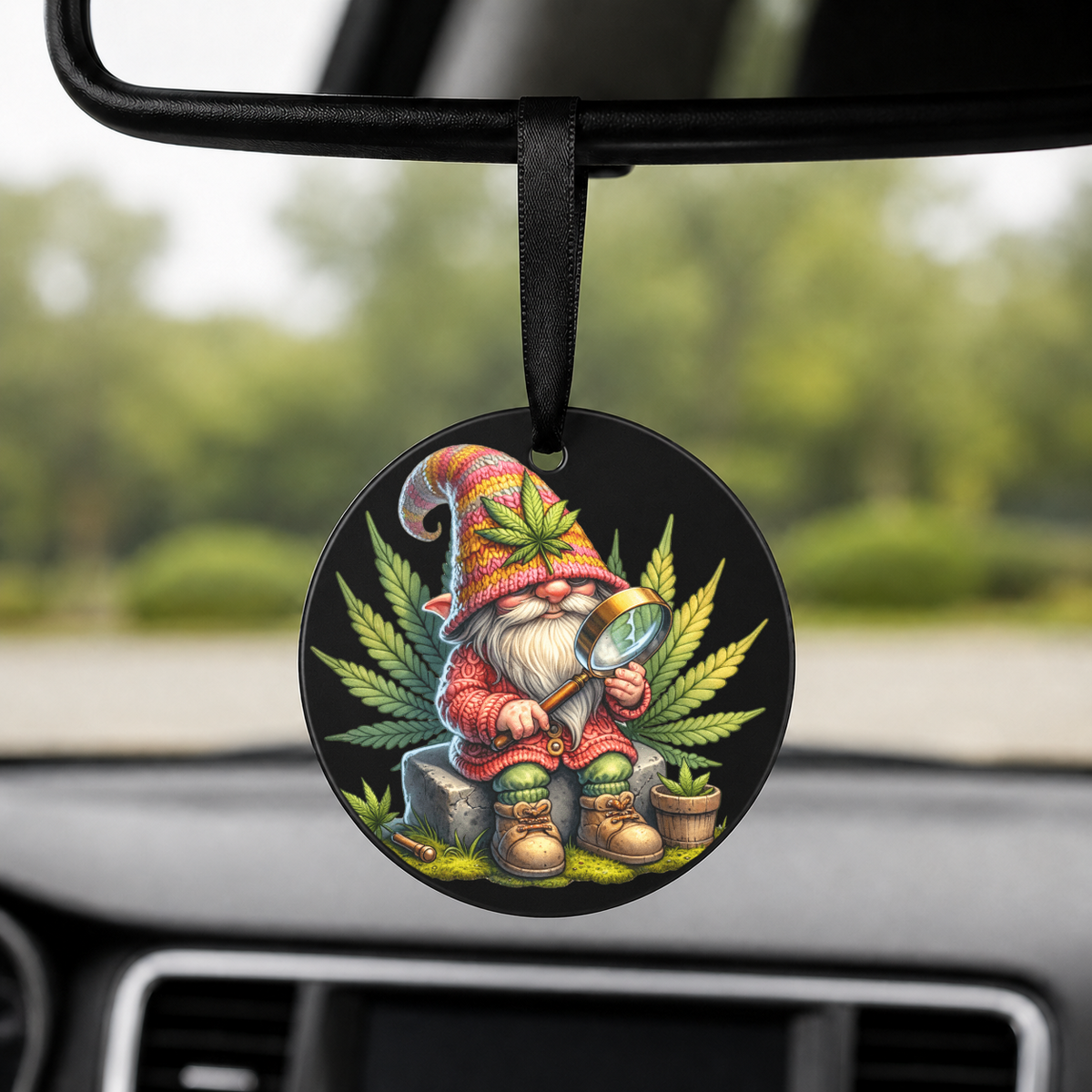 Cannabis Garden Gnome - Pink Hat Magnifying Glass - Round Car Charm in black