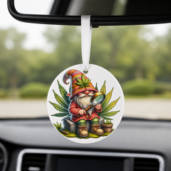 Cannabis Garden Gnome - Pink Hat Magnifying Glass - Round Car Charm in white
