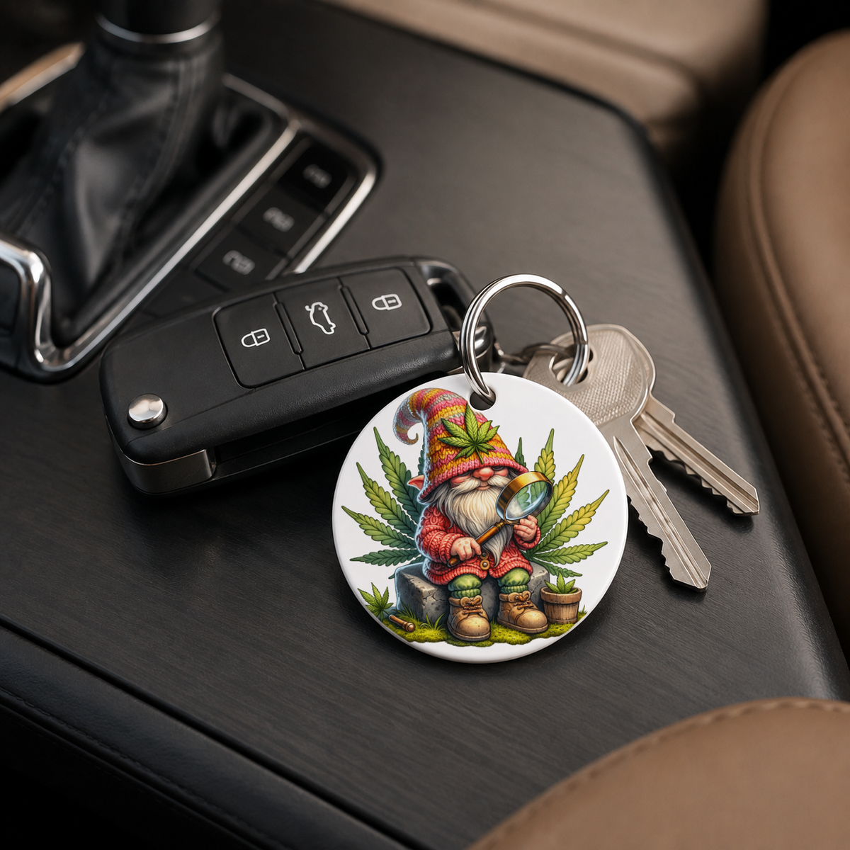 Cannabis Garden Gnome - Pink Hat Magnifying Glass - Keychain in white