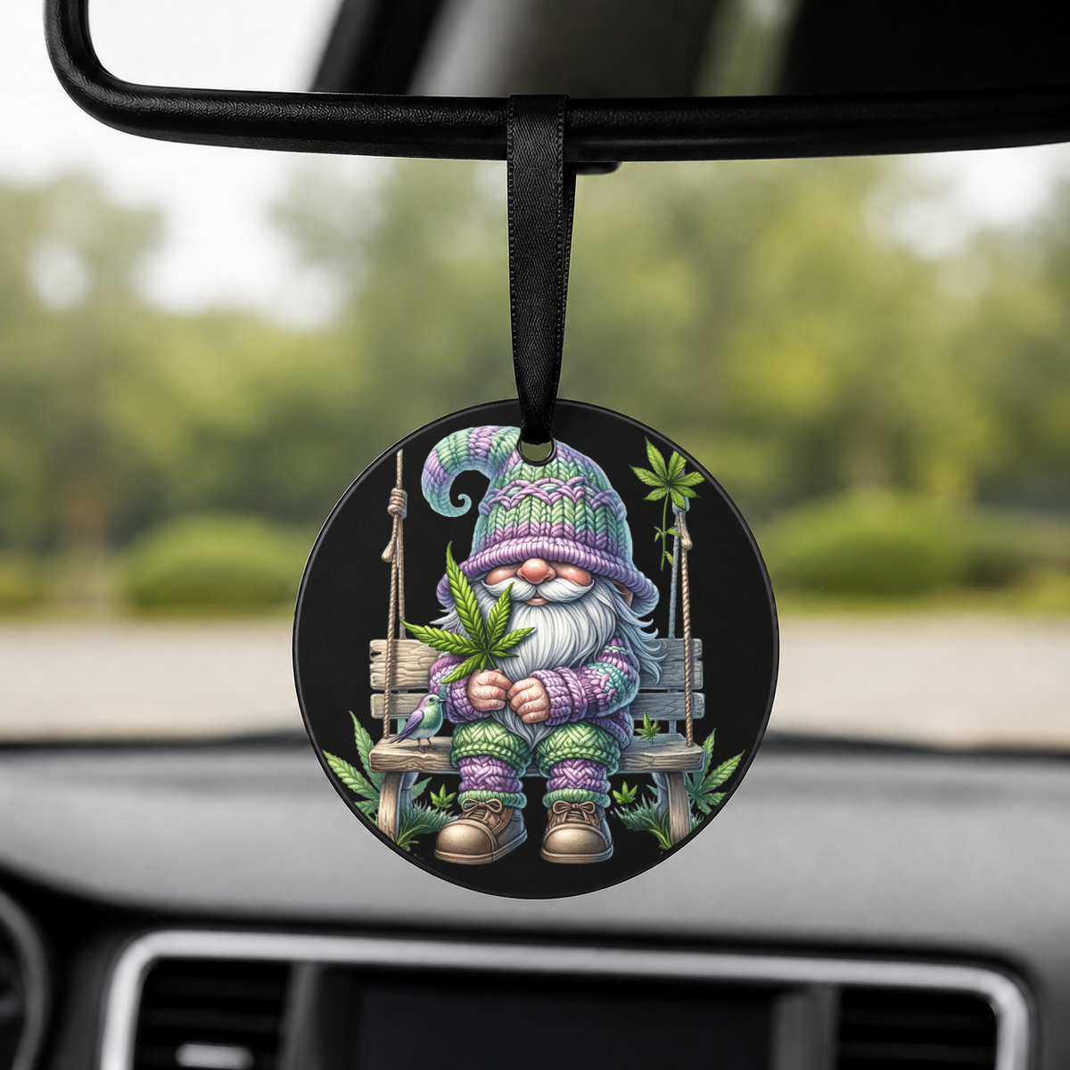Cannabis Garden Gnome - Purple Hat Swing Bird - Round Car Charm in black