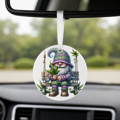 Cannabis Garden Gnome - Purple Hat Swing Bird - Round Car Charm in white