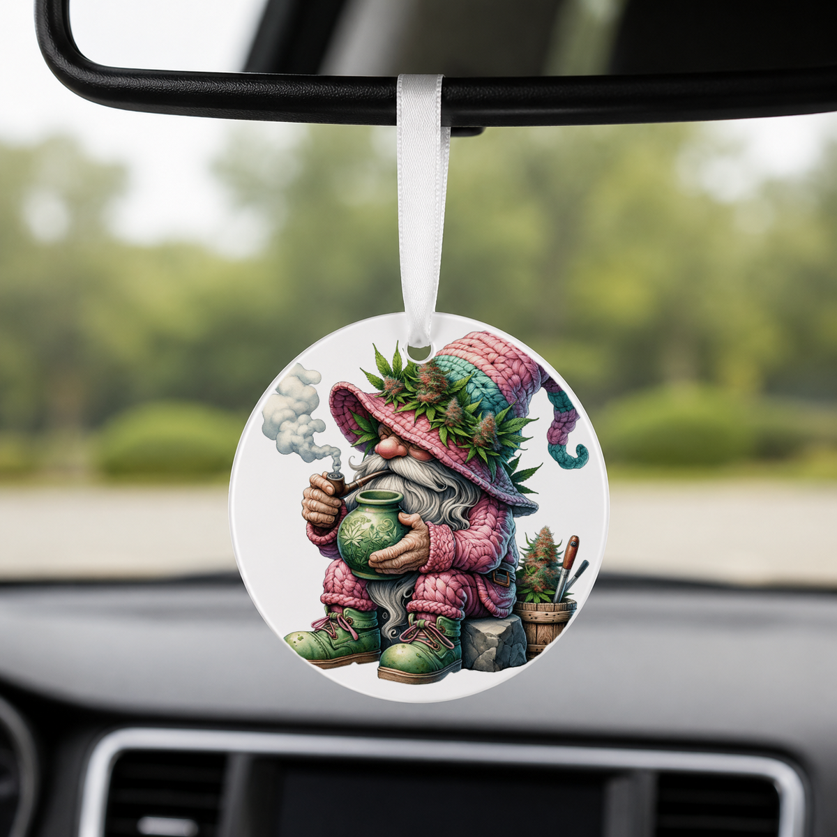 Cannabis Garden Gnome - Smoking Pipe Teapot - Round Car Charm in white