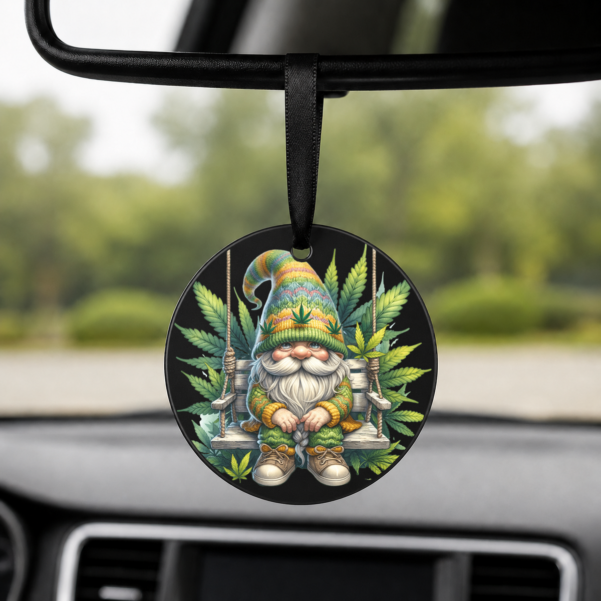 Cannabis Garden Gnome - Swing - Round Car Charm in black