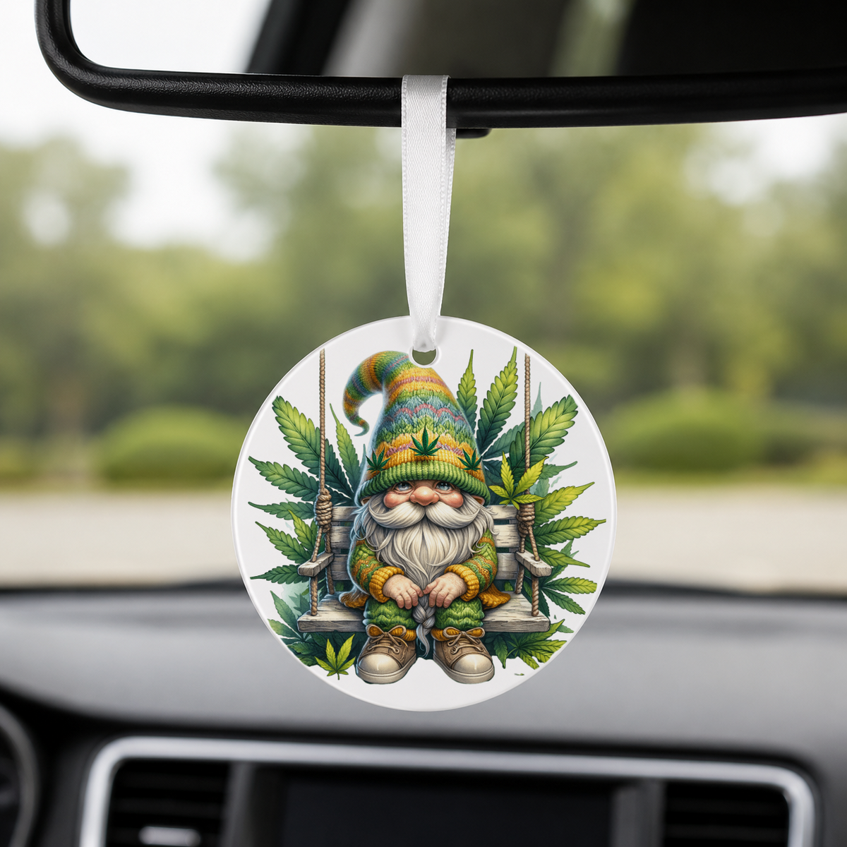 Cannabis Garden Gnome - Swing - Round Car Charm in white
