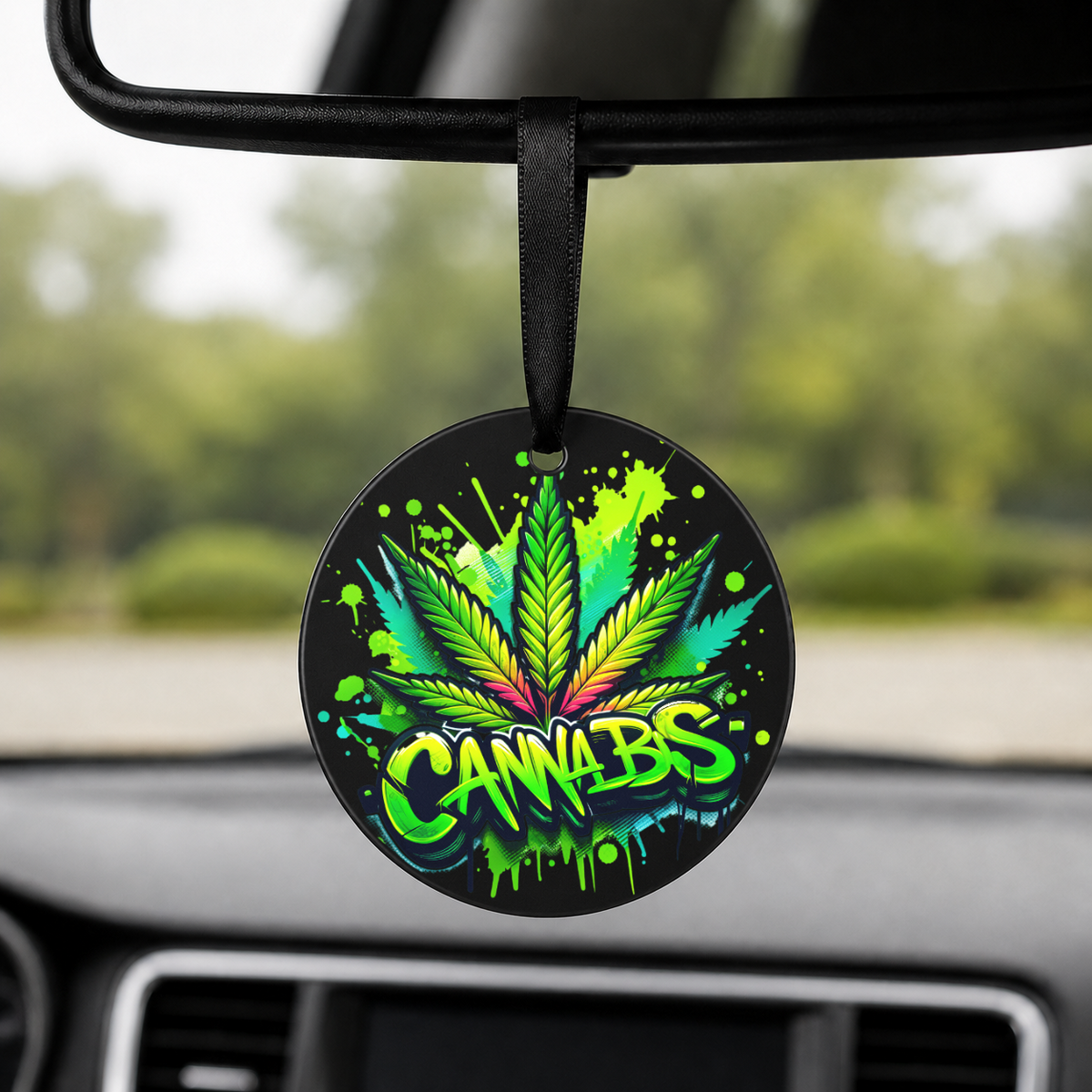 Cannabis Leaf Graffiti Text - Round Car Charm in black