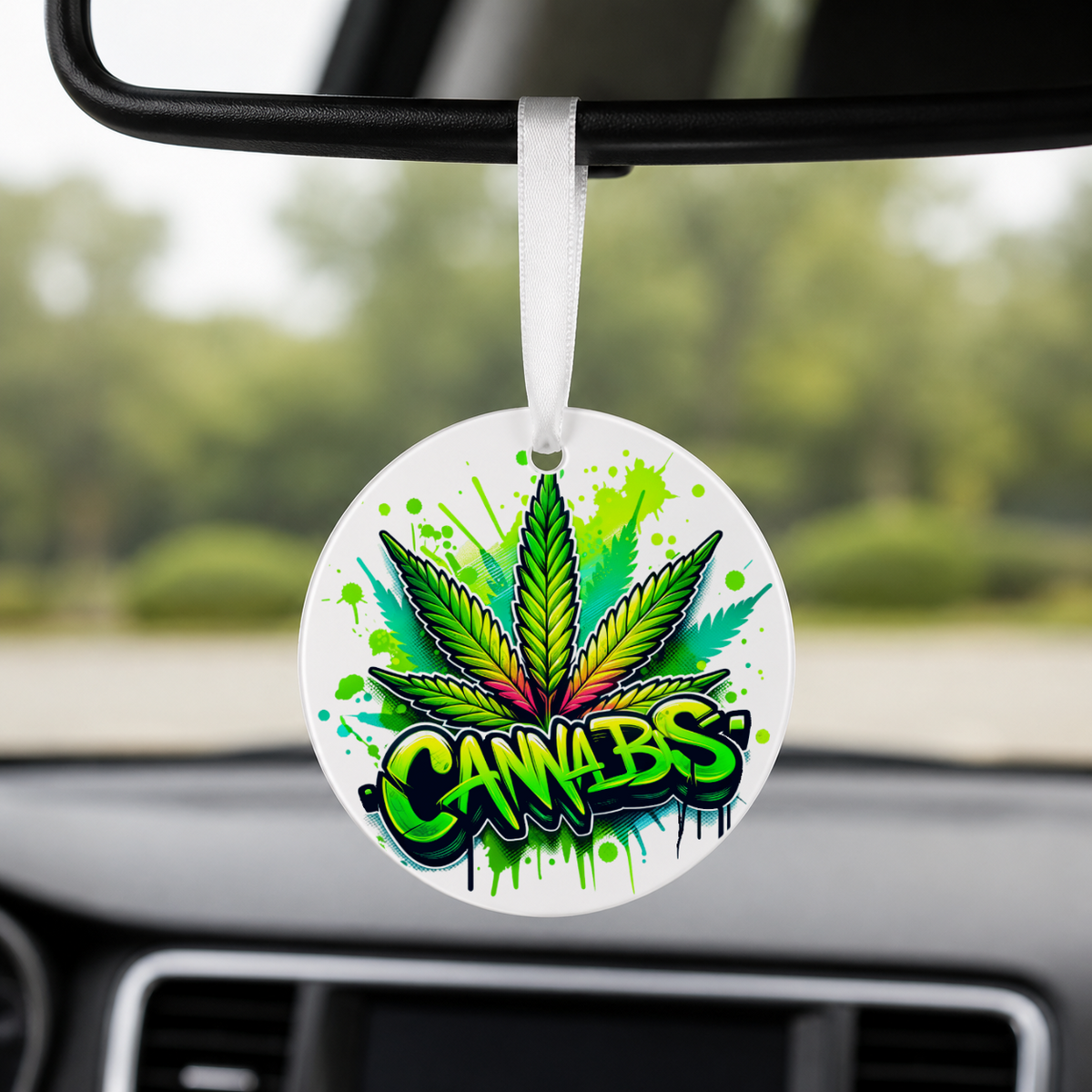Cannabis Leaf Graffiti Text - Round Car Charm in white