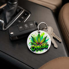 Cannabis Leaf Graffiti Text - Keychain in white