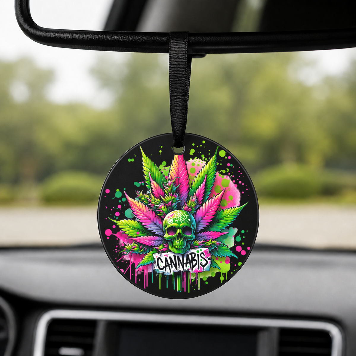 Cannabis Leaf Rainbow Skull - Round Car Charm in black