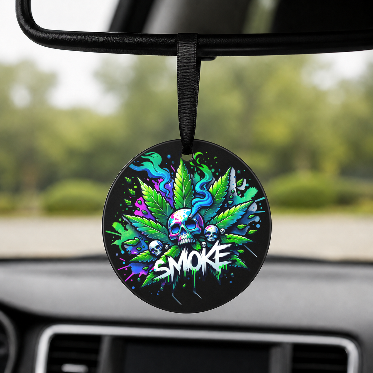 Cannabis Leaf Skulls Smoke - Round Car Charm in black