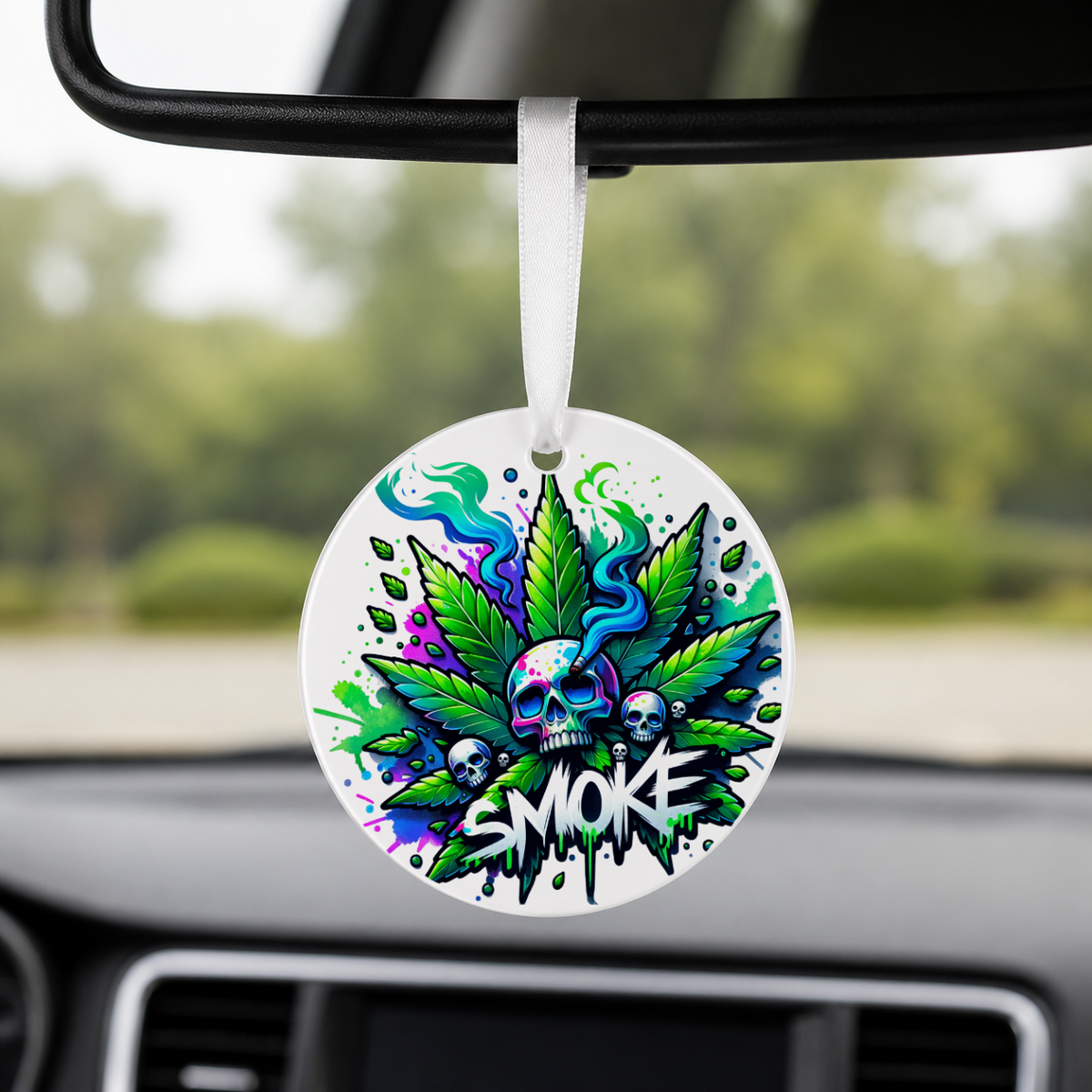Cannabis Leaf Skulls Smoke - Round Car Charm in white