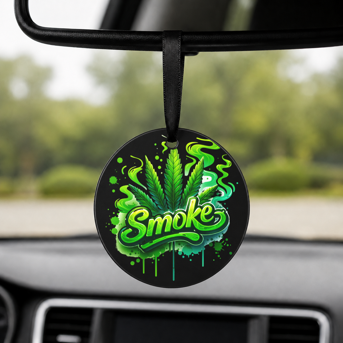 Cannabis Leaf Smoke Text - Round Car Charm in black