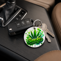 Cannabis Leaf Smoke Text - Keychain in white
